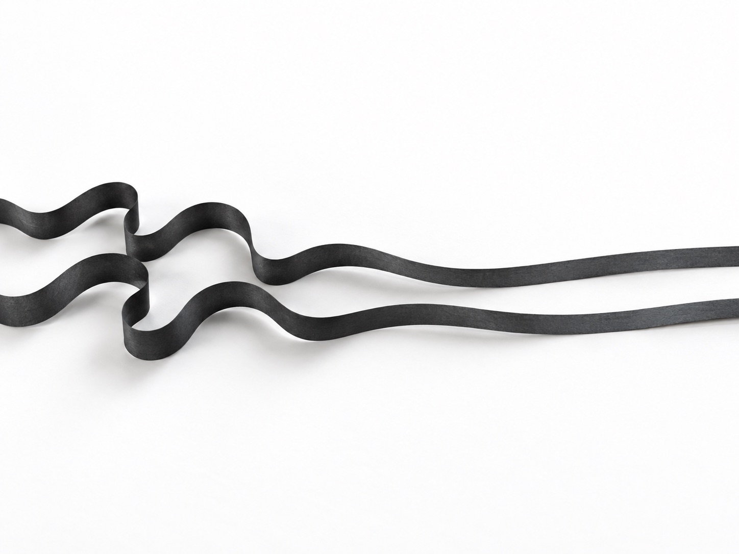 Two winding black ribbons beginning to find a shared direction